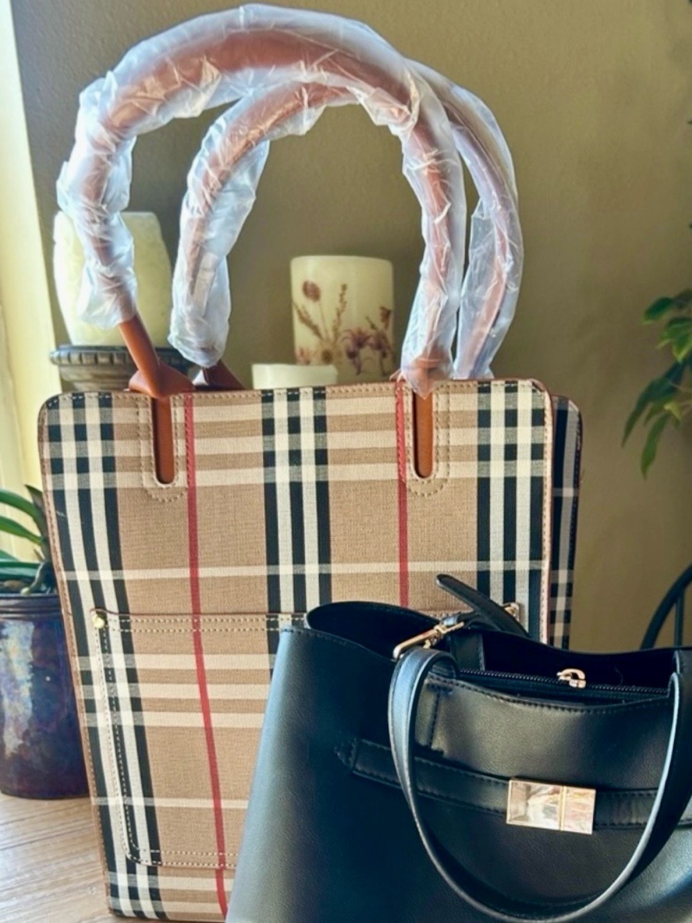 Loulu Limited Addition Berry Collection Plaid Tote NWOT & Black Crossbody Bag.